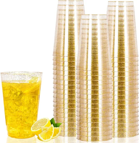 Vista 14 de I00000 Paquete de 100 vasos de plástico dorados de 14 onzas, vasos desechables de plástico con purpurina dorada, copas de vino desechables, copas