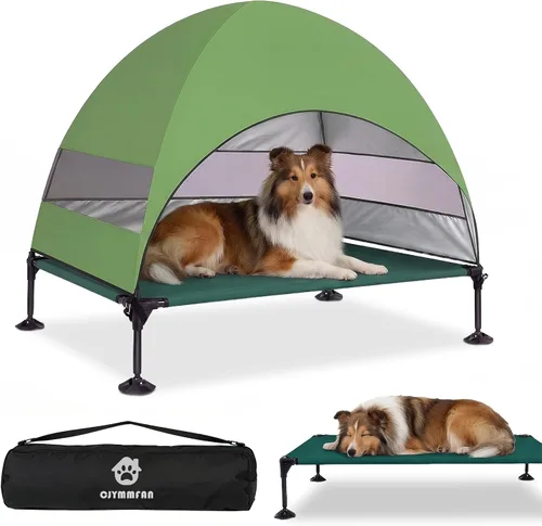 Vista 12 de Cama elevada para perros con toldo a prueba de rayos UV, tienda de campaña para perros al aire libre con potentes pies ajustables, cuna portátil