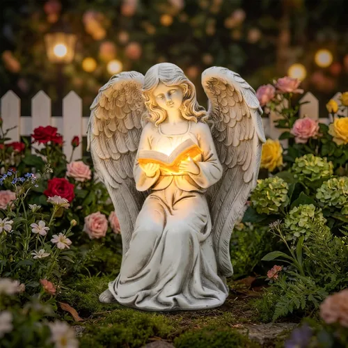 Vista 7 de Figura de ángel, grandes estatuas de jardín de ángel para exteriores con luces LED solares de mariposa, decoración de césped, adorno escultórico