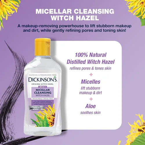 Vista 10 de Dickinson's Agua Micelar Limpiadora de Hamamelis, Un Desmaquillante Todo en 1, Refinador de Poros, Limpiador de Piel y Tónico; Sin Alcohol con Aloe