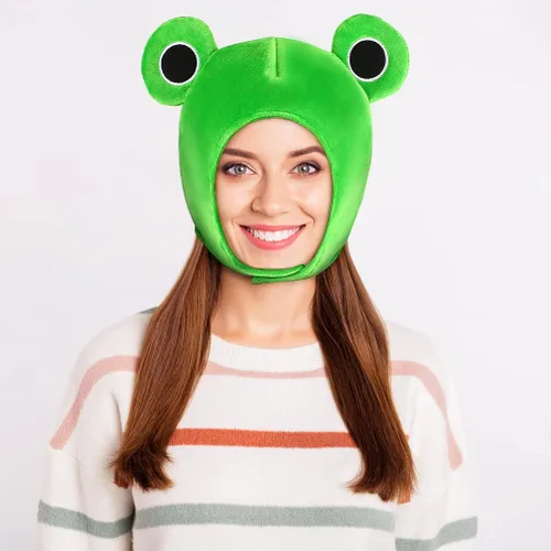 Vista 3 de Amosfun Gorro de rana de felpa para adultos, disfraz de conejito de rana, 1 pieza de adorable caricatura, adorable sombrero de rana de felpa suave