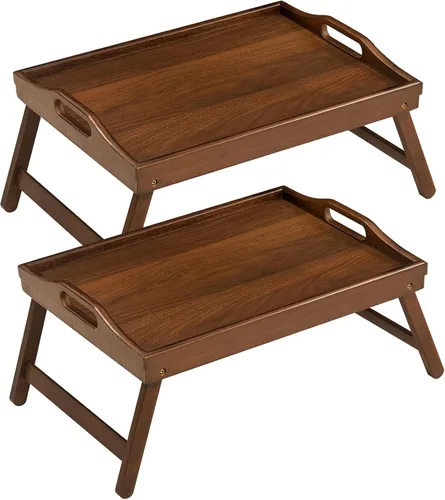 Vista 9 de Paquete de 2 bandejas de cama para mesa de desayuno, bandejas de servir, bandeja de bambú para cama portátil con patas plegables, asas y soportes