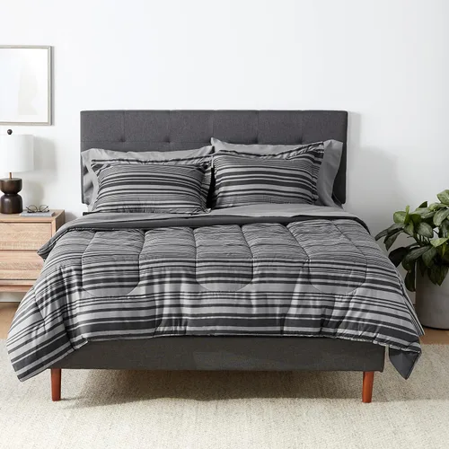 Vista 36 de Amazon Basics - Juego de edredón Twin/Twin XL con sábanas, juego de ropa de cama de 5 piezas, microfibra ligera azul Calvin a rayas, en una bolsa