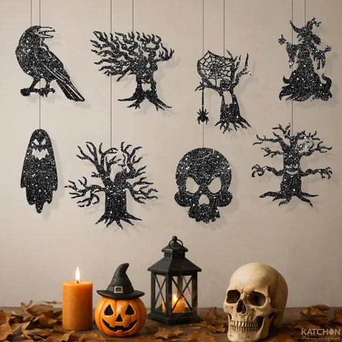Vista 13 de KatchOn, Guirnalda de Halloween negra con purpurina, enorme, paquete de 10 unidades, guirnalda de decoración de fiesta de Halloween con recortes