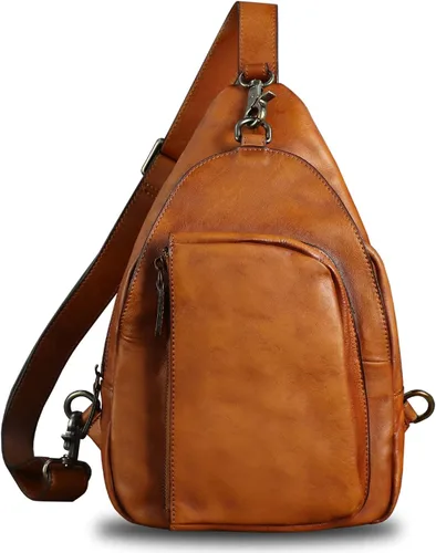 Vista 2 de Bolso bandolera de cuero genuino para hombres y mujeres, mochila vintage de cuero real, bolsa cruzada de hombro, bolsa de pecho