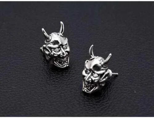 Vista 5 de Pendientes de plata de ley con diseño de calavera y máscara de Oni, Plata de ley Diamante, Circonia cúbica