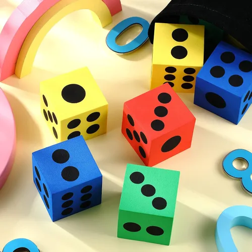 Vista 7 de Meooeck Paquete de 18 dados grandes de espuma de 2.48 pulgadas, coloridos dados jumbo con bolsa de almacenamiento para actividades educativas