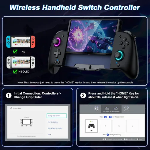 Vista 2 de Switch Controllers, Wireless Pro Controller Replacement for Nintendo Switch ControllerOLED, One-Piece Ergonomic Handheld Controller with