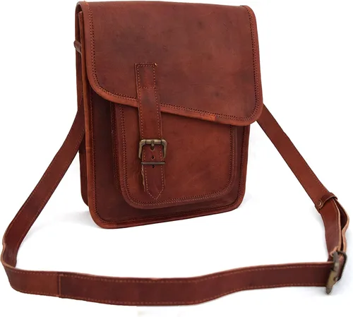 Vista 2 de Bolso bandolera de cuero genuino de 11 pulgadas para hombres y mujeres, unisex, para adolescentes, bolso bandolera para iPadTab Mini, Marrón