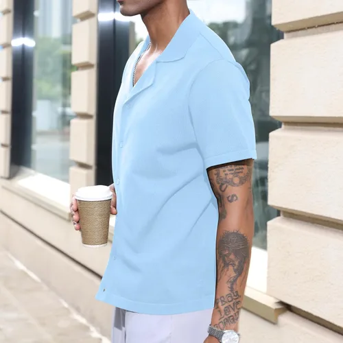 Vista 3 de Camisas polo de guayabera cubana para hombre, estilo casual, manga corta, ligeras, de punto, camisetas de golf de color sólido