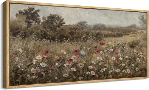 Vista 90 de SIGNFORD Lienzo enmarcado extragrande para pared, diseño de flores silvestres, paisaje, campo escénico con flores florecientes, ilustraciones