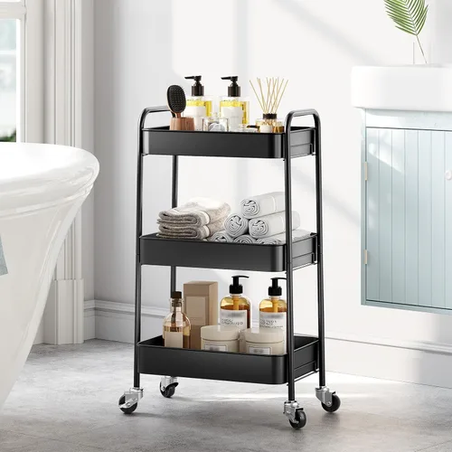 Vista 7 de TOOLF Carrito de metal de 3 niveles con ruedas, carrito organizador de almacenamiento para cocina, baño, oficina, artículos esenciales para bebés
