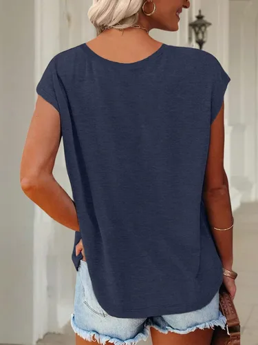 Vista 4 de Anbech Camisetas de manga casquillo para mujer, con cuello en V, estampado sólido, camisetas casuales