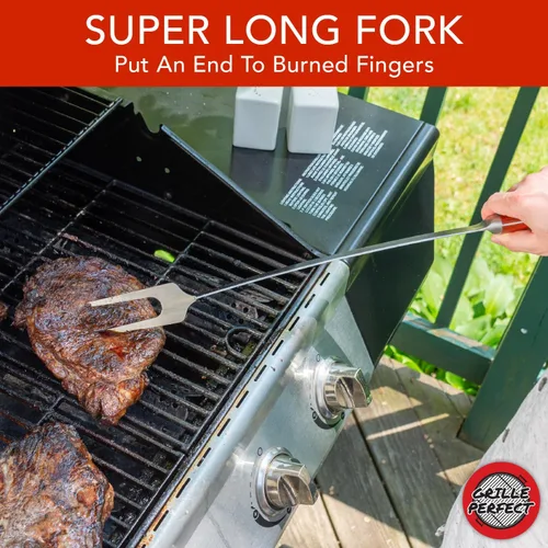 Vista 4 de Tenedor de parrilla de 24 pulgadas súper largo para asar a la parrilla y hoguera, cuello curvado extra fuerte, mango de madera dura de alta calidad