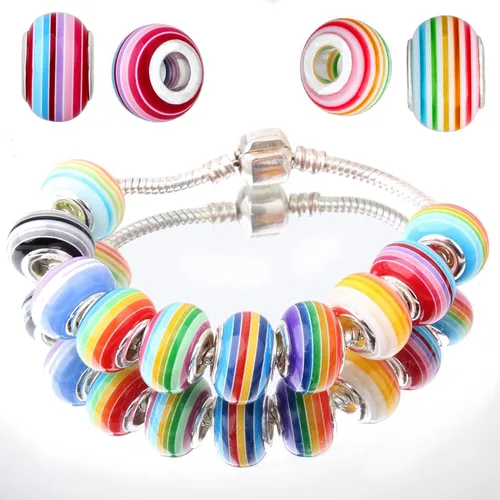 Vista 4 de rubyca Mix rayas Murano Lampwork perlas de vidrio Fit pulsera europea