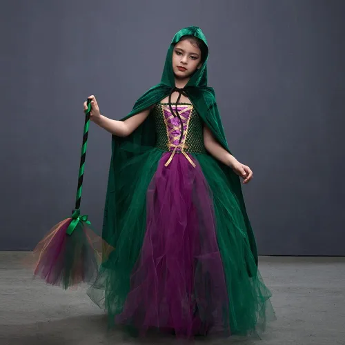 Vista 2 de IMEKIS Girls Witch Halloween Costume Princess Tutu Dress up with Broom Cape Cosplay Party Photo Shoot Outfit for Kids 2-12T