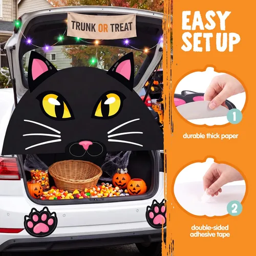 Vista 2 de JOYIN Kit de decoración de Halloween para maletero o golosinas, lindas calcomanías de gato de Halloween, decoraciones negras para SUV, puerta