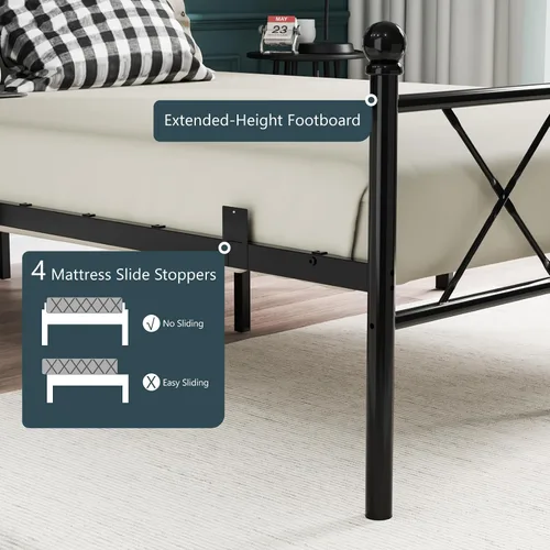 Vista 4 de VINGLI Base de cama individual con cabecero y estribo, marco de cama de metal con estribo extra alto, cama de plataforma resistente con luces LED