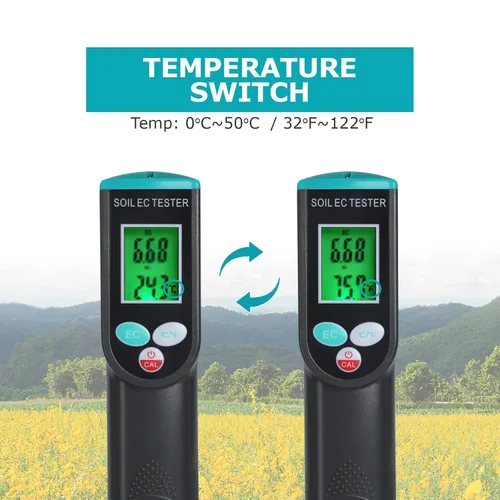 Vista 4 de Medidor digital EC de suelo 2 en 1 plantas porfesionales medidor de temperatura EC con sensor con cable, pantalla LCD retroiluminada, compensación