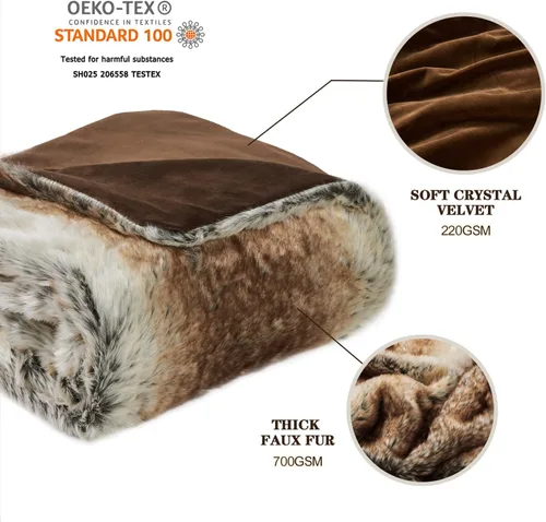 Vista 2 de Krifey Manta de felpa de piel sintética, lujosa, gruesa y esponjosa para sofá, cama, sofá, manta decorativa cálida y acogedora como regalo de Marrón