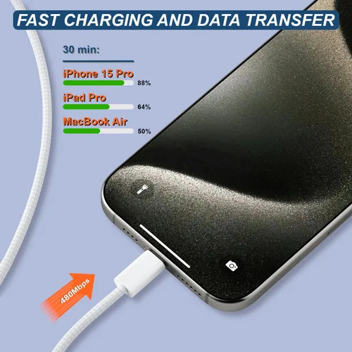 Vista 5 de Paquete de cables USB C a USB C, 2 cables azules + 2 blancos + 2 cables de carga rápida trenzados negros de 3.3 pies, cable PD tipo C de 60 W