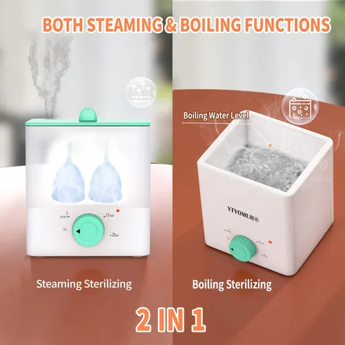 Vista 2 de Esterilizador de vasos menstruales mejorado, vaporizador de disco menstrual, modos de ebullición y vapor 2 en 1, temporizador de perilla de un solo