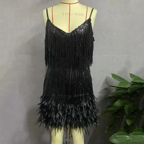 Vista 6 de Vestido sexy de lentejuelas con flecos para mujer, sin mangas, con tirantes delgados, vestido de fiesta, cóctel, noche, mini vestido ajustado