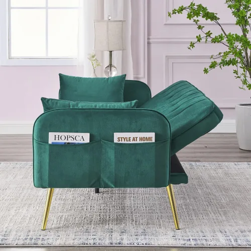 Vista 5 de Sofá cama convertible de 72.5 pulgadas, moderno sofá futón ajustable tapizado, sofá cama plegable de terciopelo con dos almohadas para un espacio