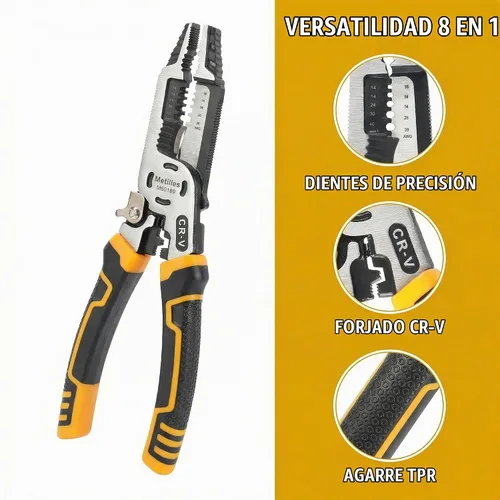 Vista 8 de Herramienta pelacables 8 en 1, alicates de electricista multifunción CR-V de 9 pulgadas, ideal para pelar, cortar, engarzar y sujetar cables. Agarre