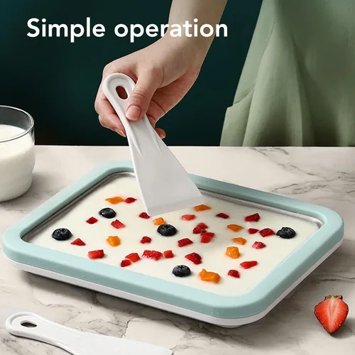Vista 2 de Fdit Máquina de helados, máquina de helados enrollados, placa de sartén fría de acero inoxidable, hecho en casa, con 2 espátulas para helados