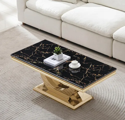 Vista 3 de Mesa de centro de 47 pulgadas de mármol negro con base en forma de U de acero inoxidable espejado, mesa central de parte superior rectangular