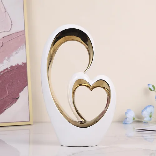 Vista 6 de Estatuas de corazón de cerámica de oro blanco, esculturas abstractas para el hogar, para dormitorio, boda, decoración de San Valentín y regalos