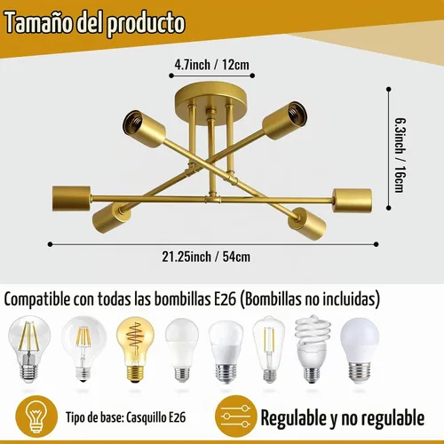 Vista 3 de Lámpara de techo Sputnik dorada de 6 luces, lámpara de comedor