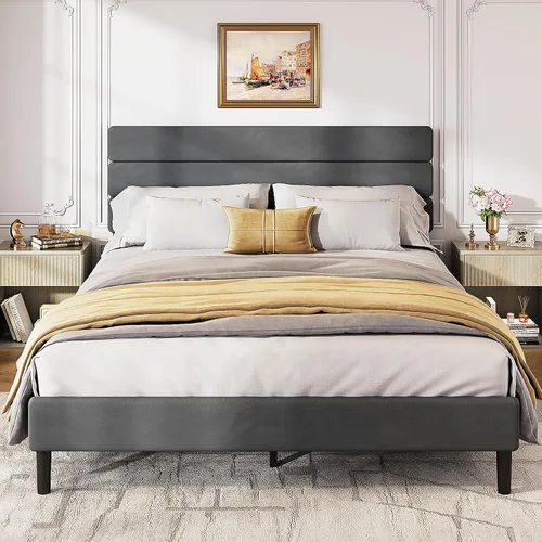 Vista 16 de WLIVE Base de cama tapizada, marcos de cama individual con cabecero, cama de plataforma con listones de madera, base de colchón de 600 libras,