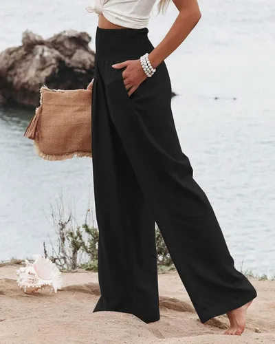 Vista 3 de Pantalones de lino de primavera para mujer, pantalones casuales palazzo, cintura alta, bohemios, piernas anchas, holgados, con bolsillo