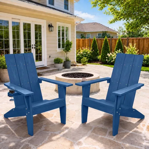 Vista 47 de MXIMU Silla Adirondack moderna resistente a la intemperie con portavasos, sillas de gran tamaño para hogueras Adorondic de plástico al aire libre