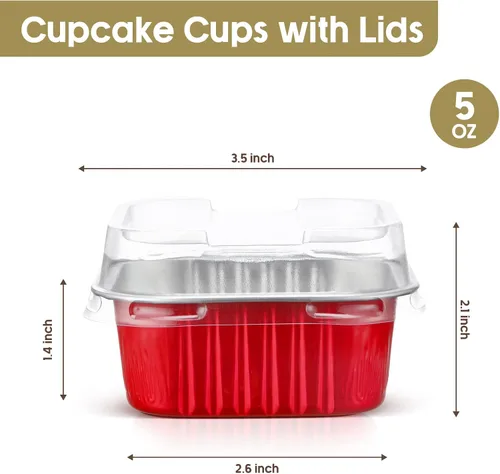 Vista 3 de Mimorou 100 piezas de mini tazas cuadradas rojas para hornear con tapas, papel de aluminio de 5 onzas, moldes desechables para magdalenas, postres