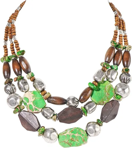 Vista 7 de Bocar 3 Layer Turquoise Wood Beaded Statement Chunky Necklace(NK-10124)
