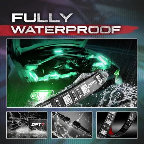 Vista 4 de OPT7 Aura Engine Bay - Kit de luz LED RGB con control remoto, 4 tiras de luz impermeables de 12 pulgadas para debajo del capó, modo multicolor