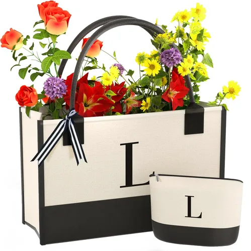 Vista 26 de Monogrammed Canvas Tote Bag with Zipper Pockets - Ideal Gift for Mom, Teacher, Sister