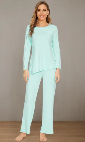 Vista 8 de WiWi Conjunto de pijama para mujer, súper suave, manga larga, ropa de dormir, ropa de dormir, ropa de descanso, viscosa de bambú, S-XXL A-aqua