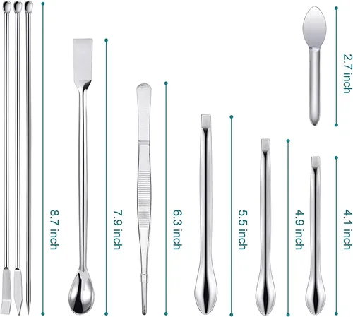 Vista 9 de Juego de 25 espátulas de laboratorio de acero inoxidable, juego de microcucharas, pequeña espátula de mezcla de laboratorio con pinzas, cuchara