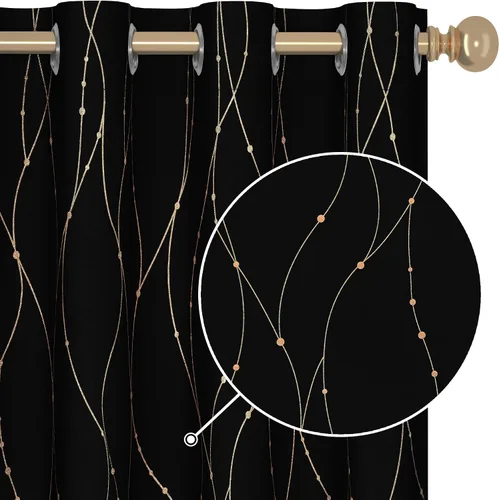 Vista 37 de Deconovo - Cortinas opacas con diseño dorado estampado y ojales, negro, de 42 pulgadas de ancho x 45 pulgadas de largo