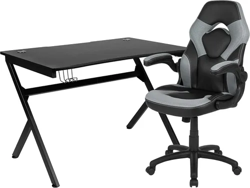 Vista 56 de Flash Furniture Juego de escritorio para juegos negro y silla de carreras blanco/negro con soporte para tazas, gancho para auriculares y soporte