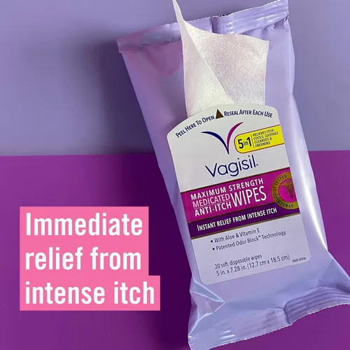 Vista 2 de Vagisil Toallitas, Toallitas Vaginales Femeninas Medicadas Antipicazón, Máxima Potencia, Alivio Instantáneo, 20 Toallitas (Paquete de 1)