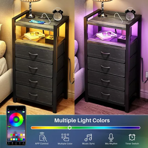 Vista 4 de Kitstorack Mesita de noche con estación de carga y luz LED, mesita de noche negra con cajones, mesita de noche alta, 4 cajones de tela