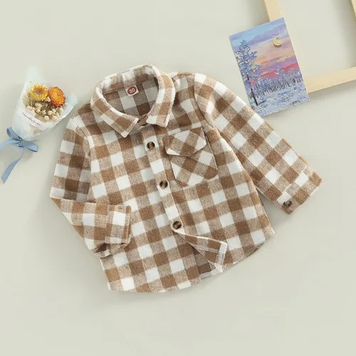 Vista 3 de AEEMCEM Chaqueta de franela a cuadros para bebés, niños y niñas, de manga larga, con solapa, con botones, con bolsillos, chaqueta tipo cárdigan