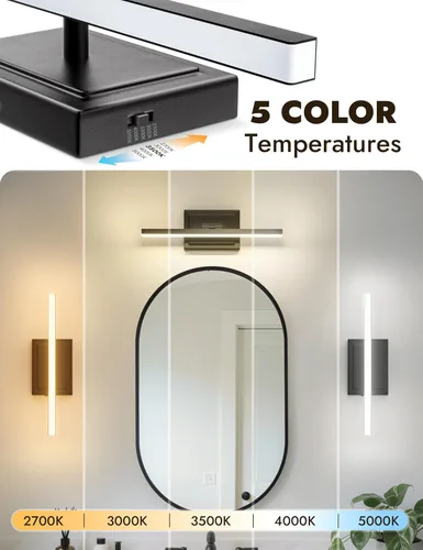 Vista 3 de NIORSUN Lámpara de baño moderna de 15.7 pulgadas, 12 W, 5 CCT, regulable, luces LED negras sobre el espejo, luces de tocador para baño, espejo