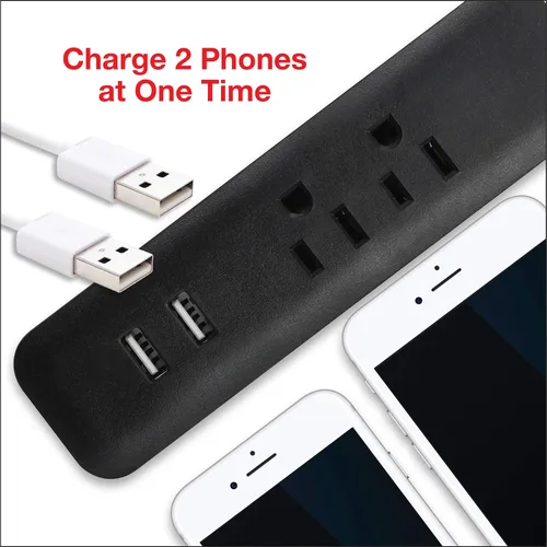 Vista 5 de Clear Power Cable de extensión de enchufe plano de 6 pies con 2 tomas de corriente + cargador USB para interiores 16/3 SPT-2, enchufe de conexión a