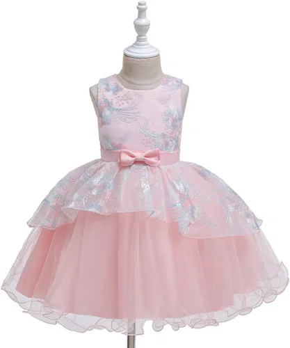 Vista 2 de Vestido de princesa para niñas con diseño floral, para fiesta de cumpleaños, boda, dama de honor, para primer cumpleaños (rosa, 2-3 años)